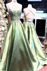 Green A-line Spaghetti Strap Princess Long Satin Ball Gown With Appliques