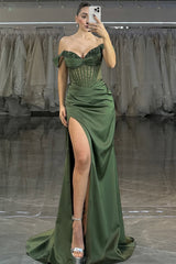 Green Off The Shoulder Mermaid Beaded Satin Prom Dress With Leg Slit