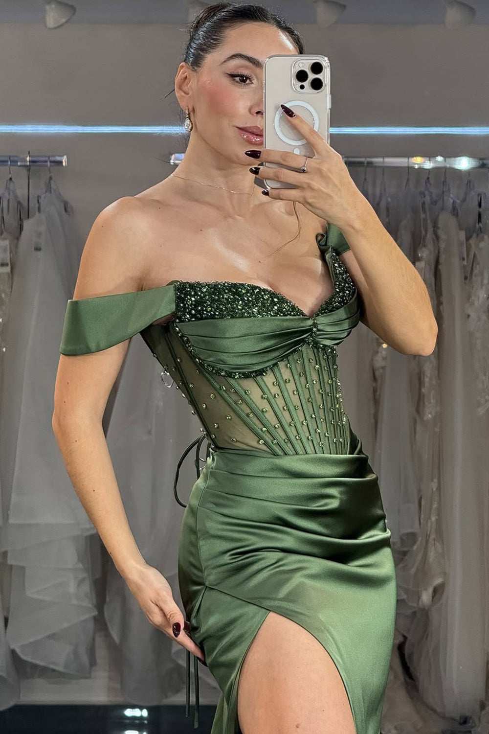 Green Off The Shoulder Mermaid Beaded Satin Prom Dress With Leg Slit