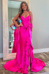 Hot Pink Mermaid Lace Up Long Ruffle Skirt Satin Prom Dress With Bowknot