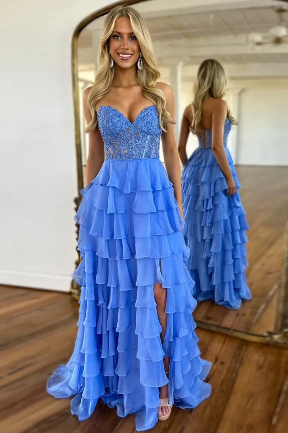 Light Blue A-Line Sweetheart Lace Up Long Tiered Chiffon Prom Dress