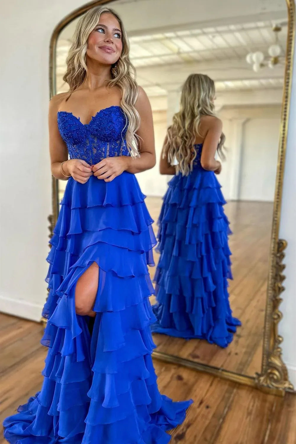 Light Blue A-Line Sweetheart Lace Up Long Tiered Chiffon Prom Dress