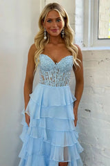 Light Blue A-Line Sweetheart Lace Up Long Tiered Chiffon Prom Dress