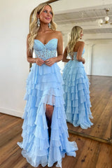 Light Blue A-Line Sweetheart Lace Up Long Tiered Chiffon Prom Dress