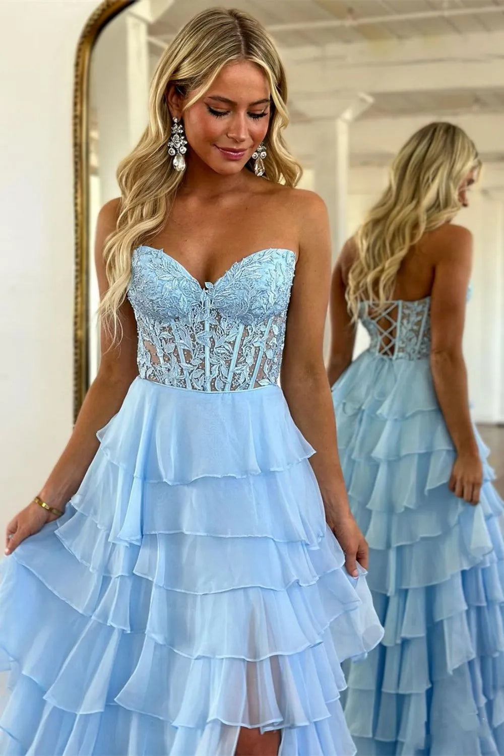 Light Blue A-Line Sweetheart Lace Up Long Tiered Chiffon Prom Dress