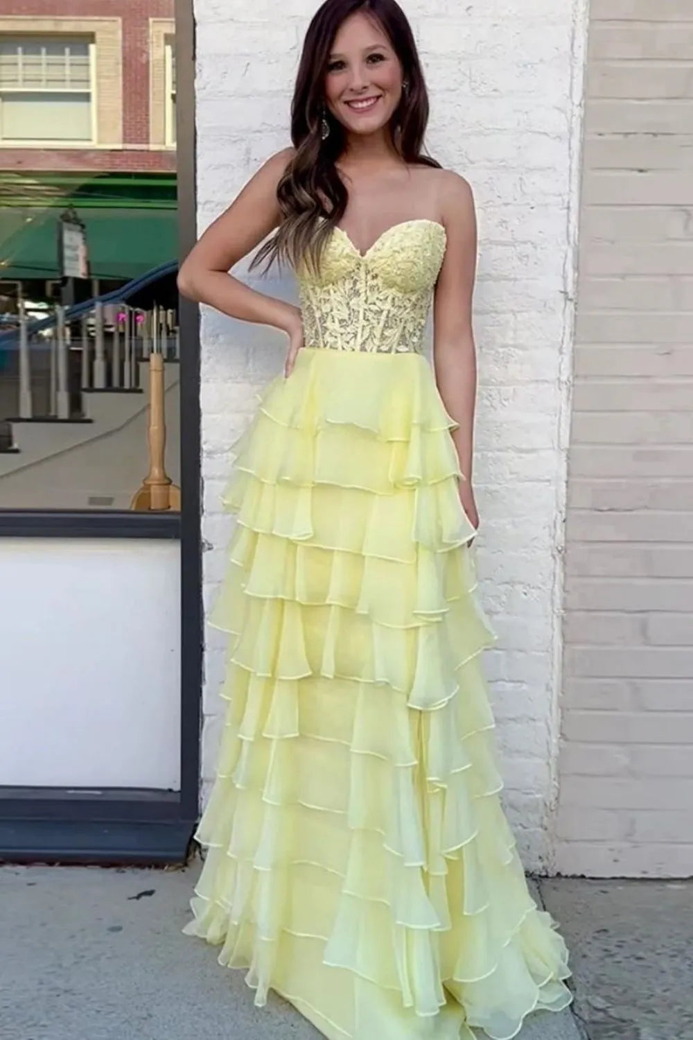 Light Blue A-Line Sweetheart Lace Up Long Tiered Chiffon Prom Dress