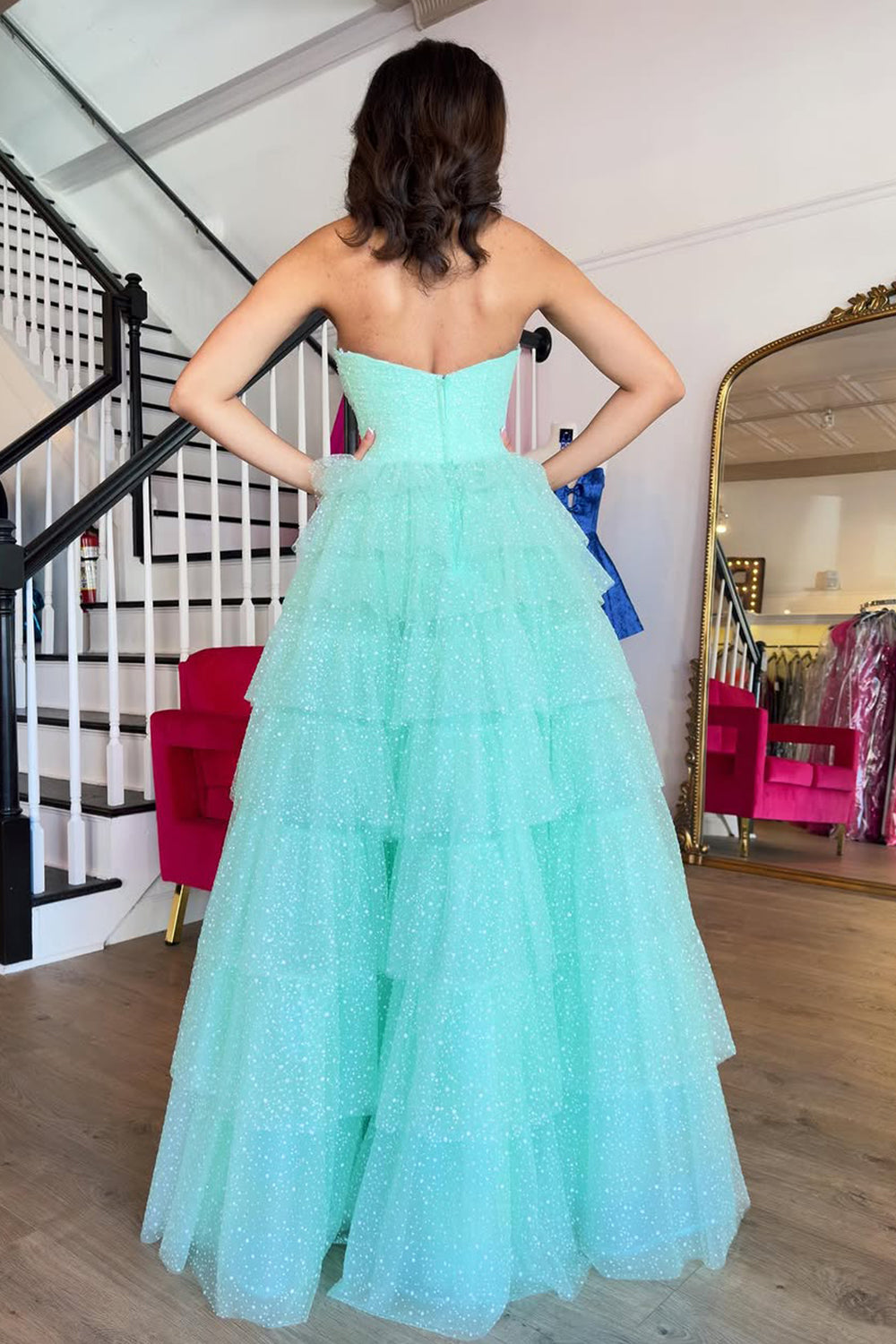 Mint Glamorous A-Line Strapless Long Glitter Tulle Prom Dress With Ruffled Skirt