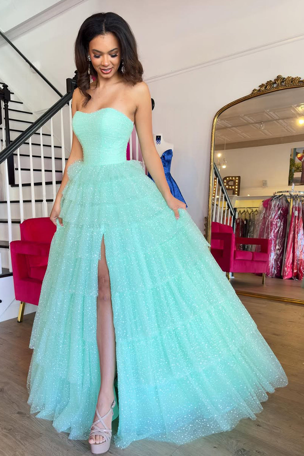 Mint Glamorous A-Line Strapless Long Glitter Tulle Prom Dress With Ruffled Skirt