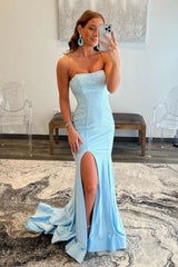 Light Blue Strapless Light Blue Long Tight Beaded Prom Dress with Slit