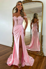 Light Pink Off the Shoulder Lace Top Satin Prom Dress with Leg Slit