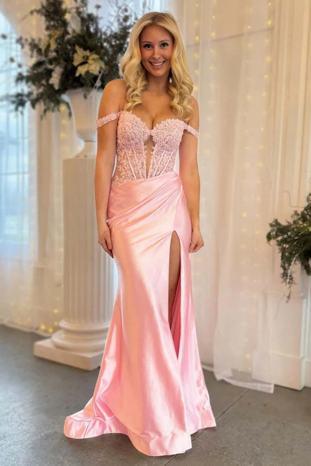 Light Pink Off the Shoulder Lace Top Satin Prom Dress with Leg Slit