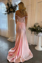 Light Pink Off the Shoulder Lace Top Satin Prom Dress with Leg Slit