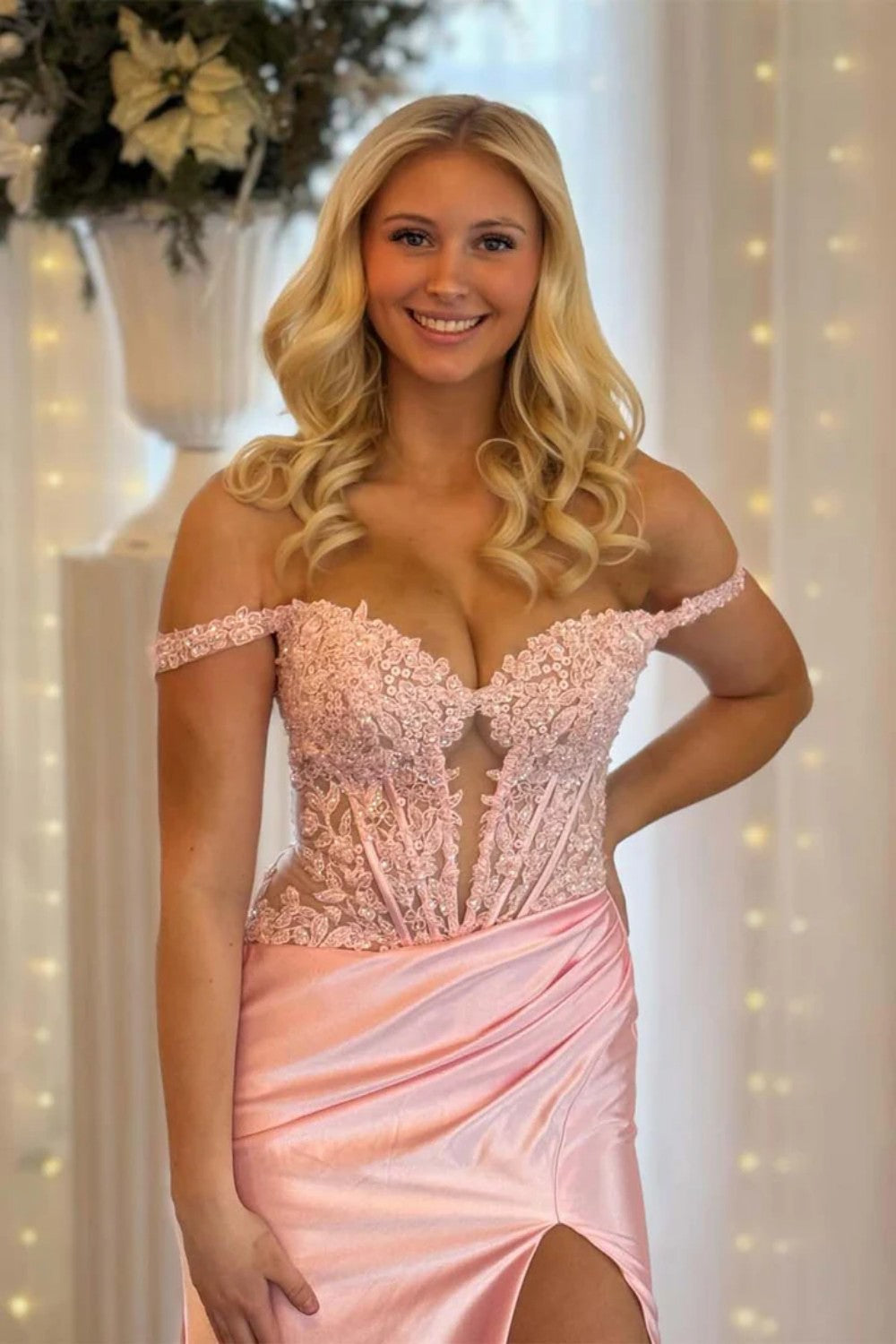 Light Pink Off the Shoulder Lace Top Satin Prom Dress with Leg Slit