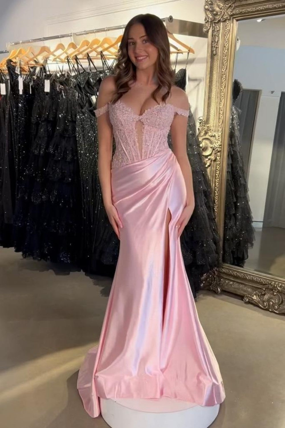 Light Pink Off the Shoulder Lace Top Satin Prom Dress with Leg Slit