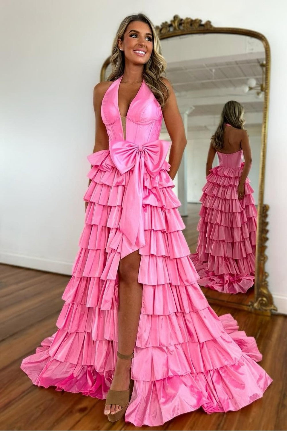 Lovely A-Line Halter Neck Backless Tiered Satin Prom Dress with Bowknot