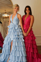 Lovely A-Line Halter Neck Backless Tiered Satin Prom Dress with Bowknot