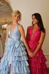 Lovely A-Line Halter Neck Backless Tiered Satin Prom Dress with Bowknot