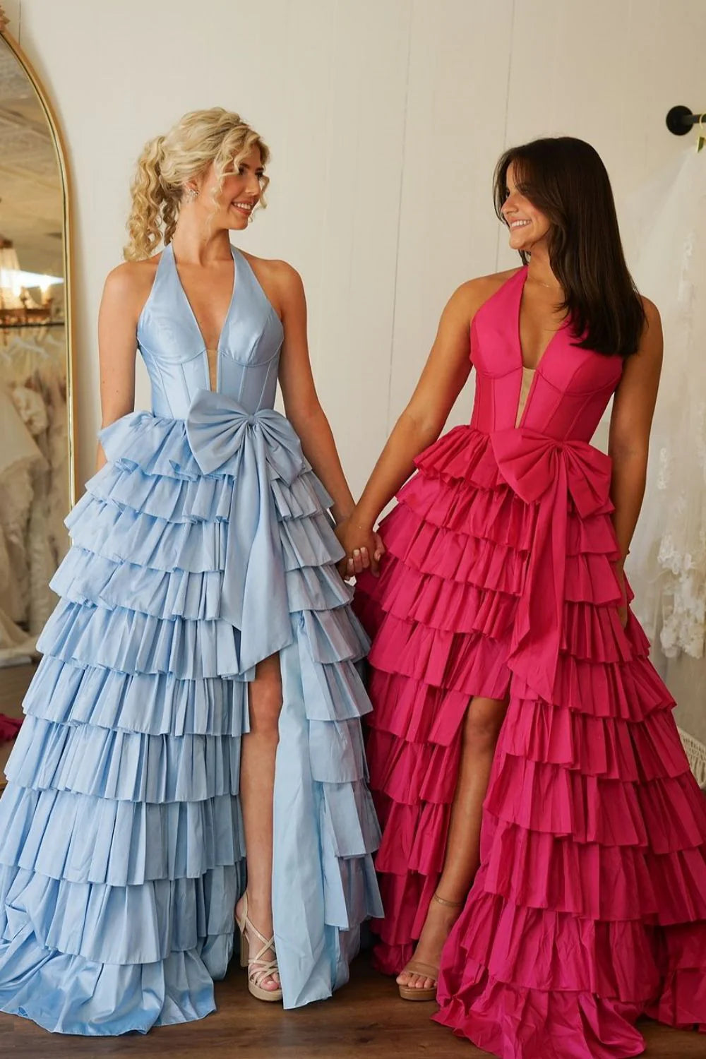 Lovely A-Line Halter Neck Backless Tiered Satin Prom Dress with Bowknot