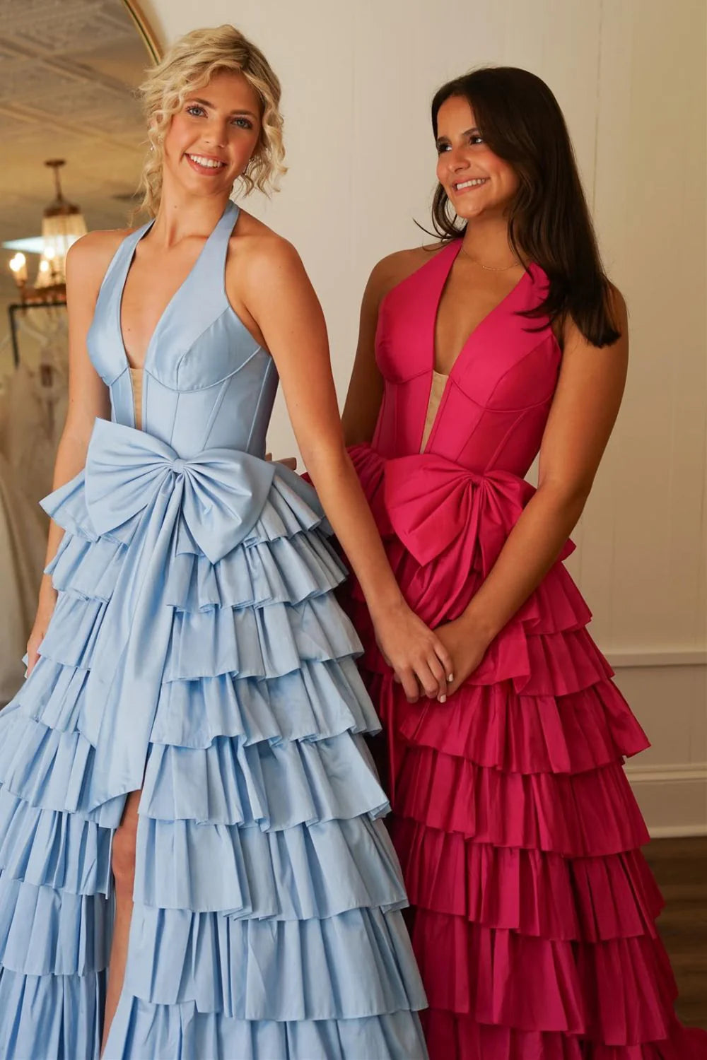 Lovely A-Line Halter Neck Backless Tiered Satin Prom Dress with Bowknot