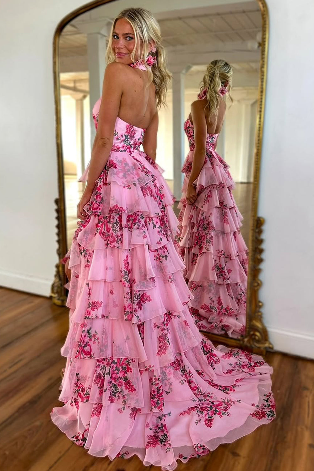 Lovely Pink A-Line Halter Neck Long Prom Dress with Ruffle Print Chiffon Skirt