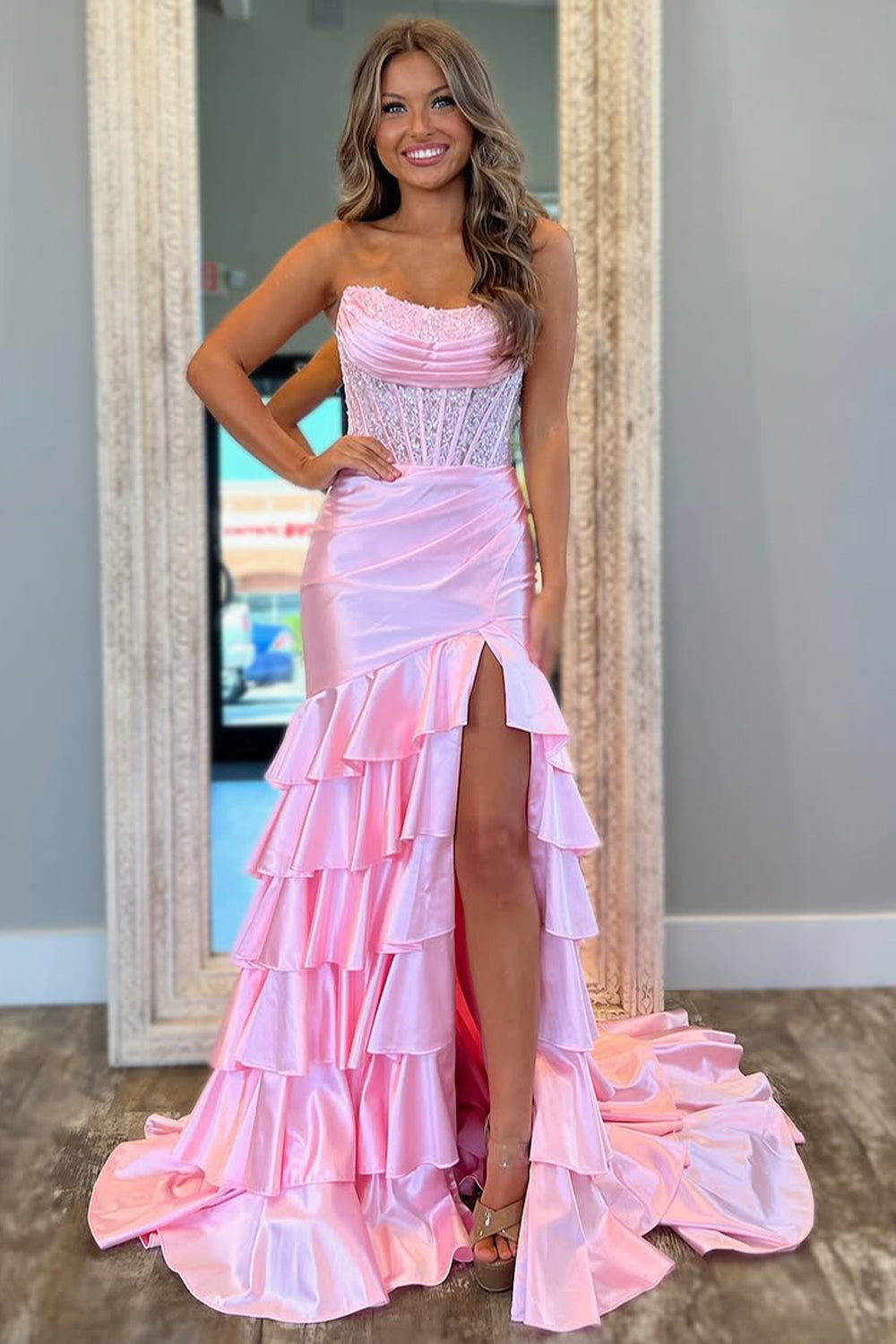 Lovely Pink Mermaid Strapless Long Ruffle Satin Prom Dress with Slit