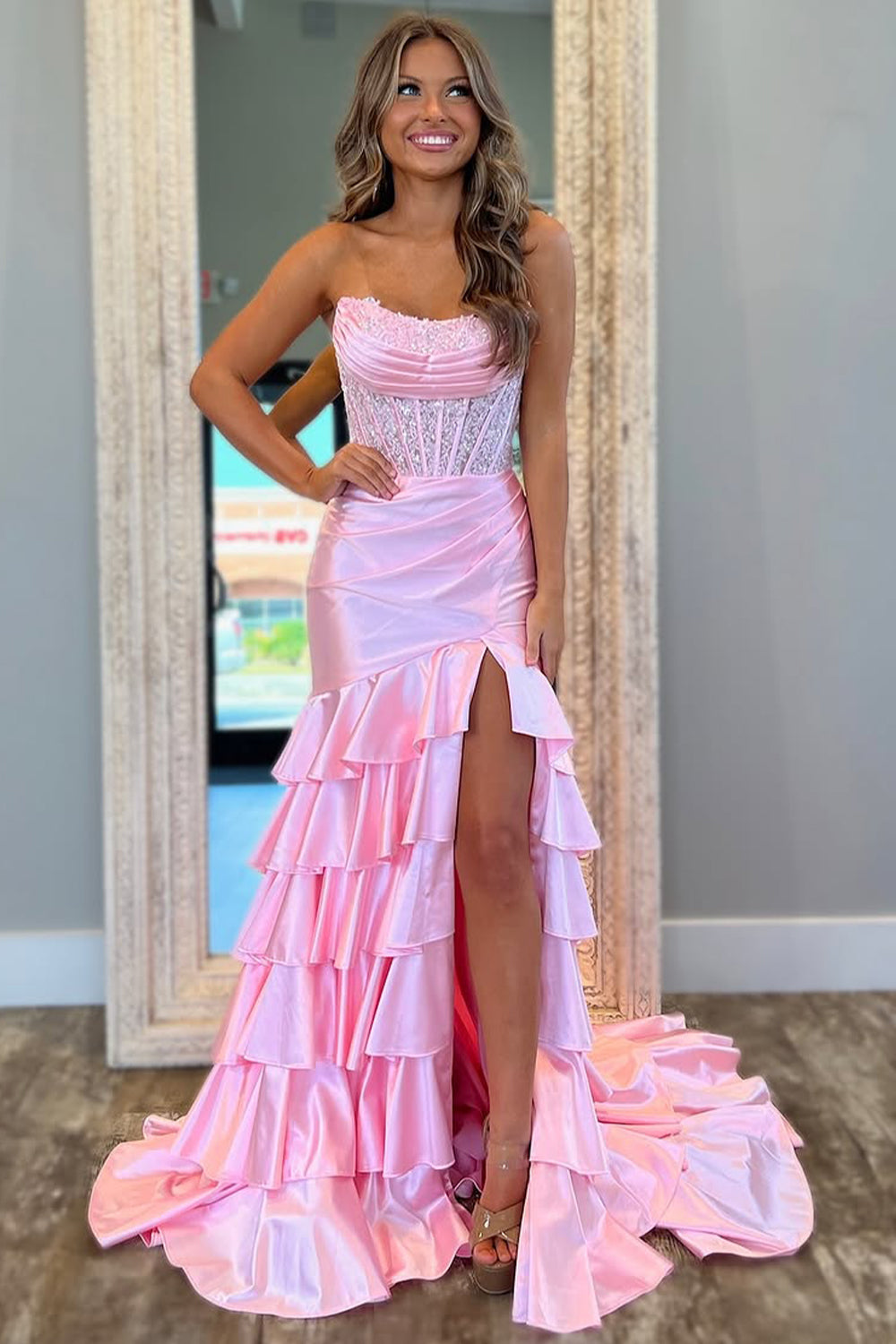 Lovely Pink Mermaid Strapless Long Ruffle Satin Prom Dress with Slit