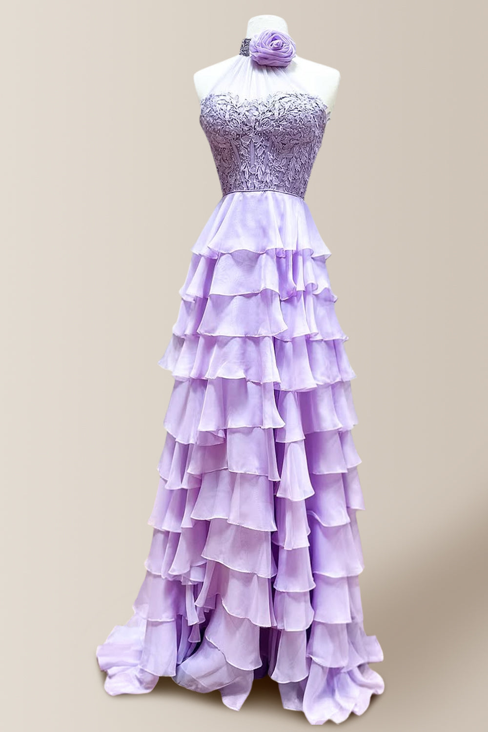 Lovely Purple A-Line Halter Neck Long Tiered Chiffon Prom Dress