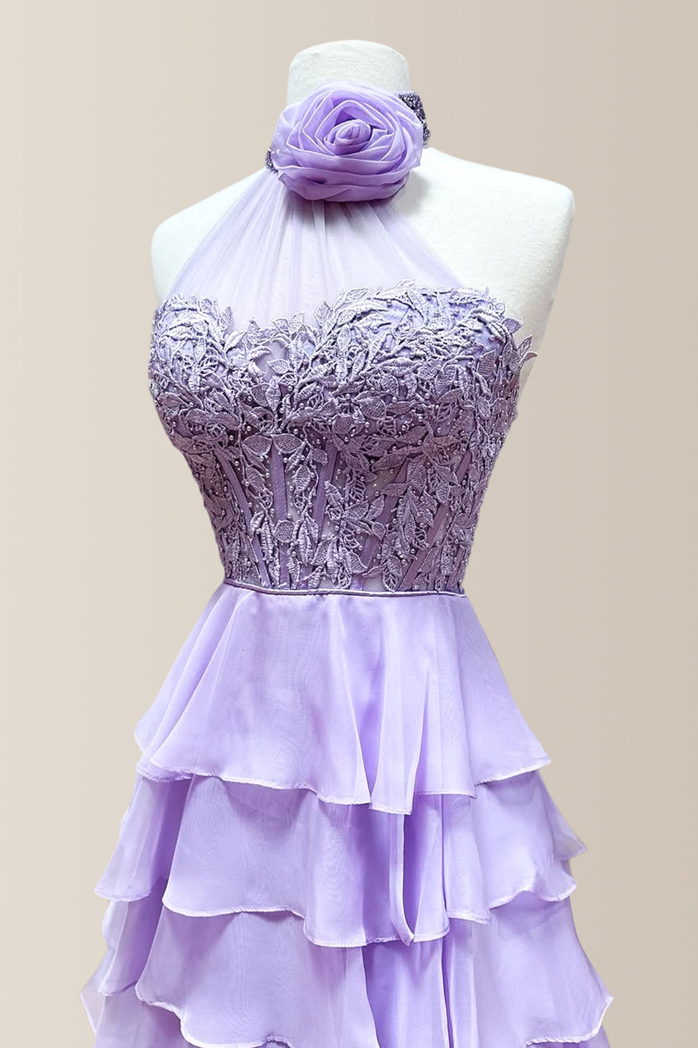 Lovely Purple A-Line Halter Neck Long Tiered Chiffon Prom Dress