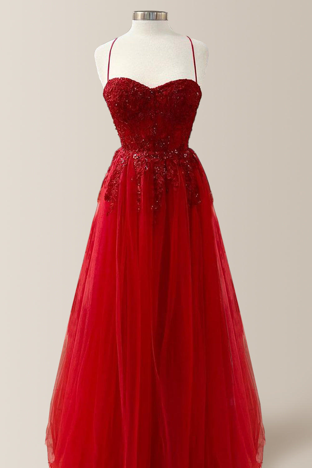 Lovely Red A-Line Spaghetti Straps Long Tulle Prom Dress with Appliques