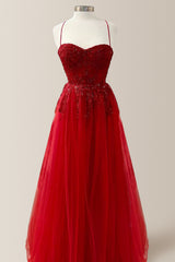 Lovely Red A-Line Spaghetti Straps Long Tulle Prom Dress with Appliques