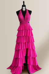 Luxurious A-Line Hot Pink Halter Neck Long Tiered Beaded Prom Dress