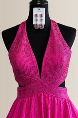 Luxurious A-Line Hot Pink Halter Neck Long Tiered Beaded Prom Dress