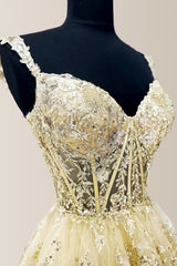 Luxurious Gold A-Line Long Layered Prom Dress with Sequined Appliques