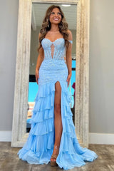 Luxurious Light Blue Off the Shoulder Lace Up Prom Dress With Ruffle and Appliques