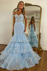 Luxurious Light Blue Off the Shoulder Lace Up Prom Dress with Sequined Appliques