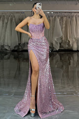 Luxurious Purple Sparkly Sequin Mermaid Strapless Long Prom Dress With Front Slit