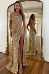 Luxurious Sparkly Sequin Mermaid Strapless Long Prom Dress with Front Slit