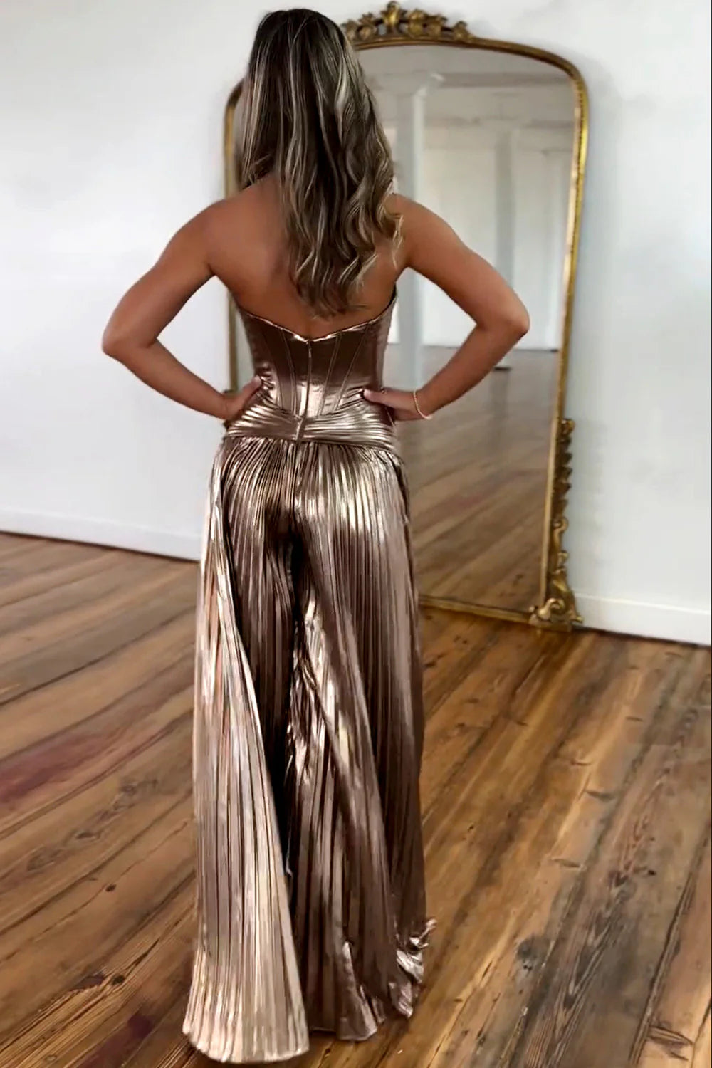 Magenta Stylish Sweetheart Zipper Back Long Metallic Prom Jumpsuit