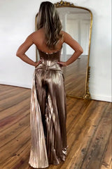 Magenta Stylish Sweetheart Zipper Back Long Metallic Prom Jumpsuit