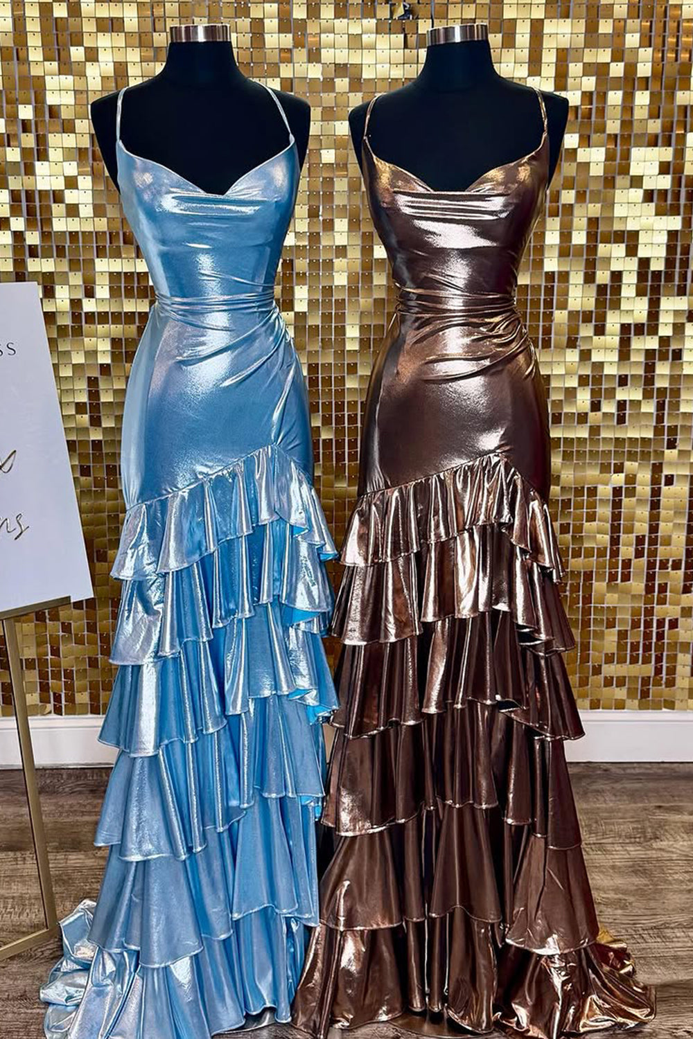 Mermaid Spaghetti Strap Long Metallic Prom Gown With Ruffle Skirt