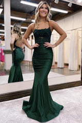 Mermaid Spaghetti Straps Cross Back Long Satin Prom Dress with Beading