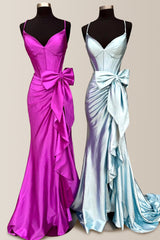 Mermaid Spaghetti Straps Satin Prom Dress with Ruffle Slit and Bow-knot