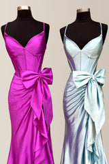 Mermaid Spaghetti Straps Satin Prom Dress with Ruffle Slit and Bow-knot