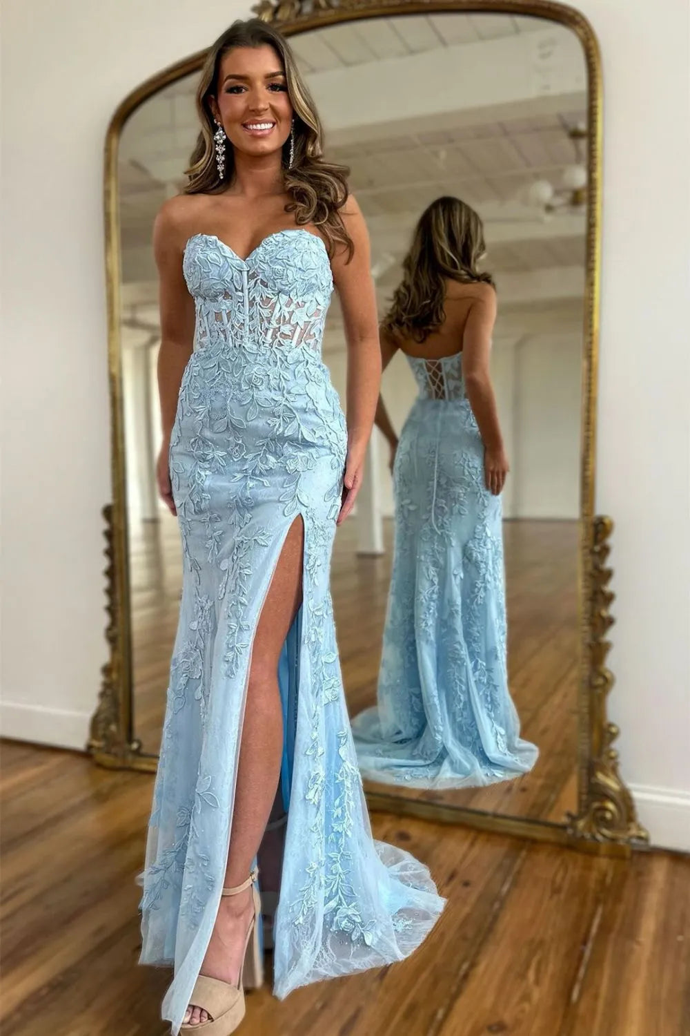 Mermaid Sweetheart Long Lace Corset Prom Dress with Slit