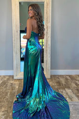 Metallic Dark Green Mermaid Sweetheart Corset Long Prom Dress with Slit