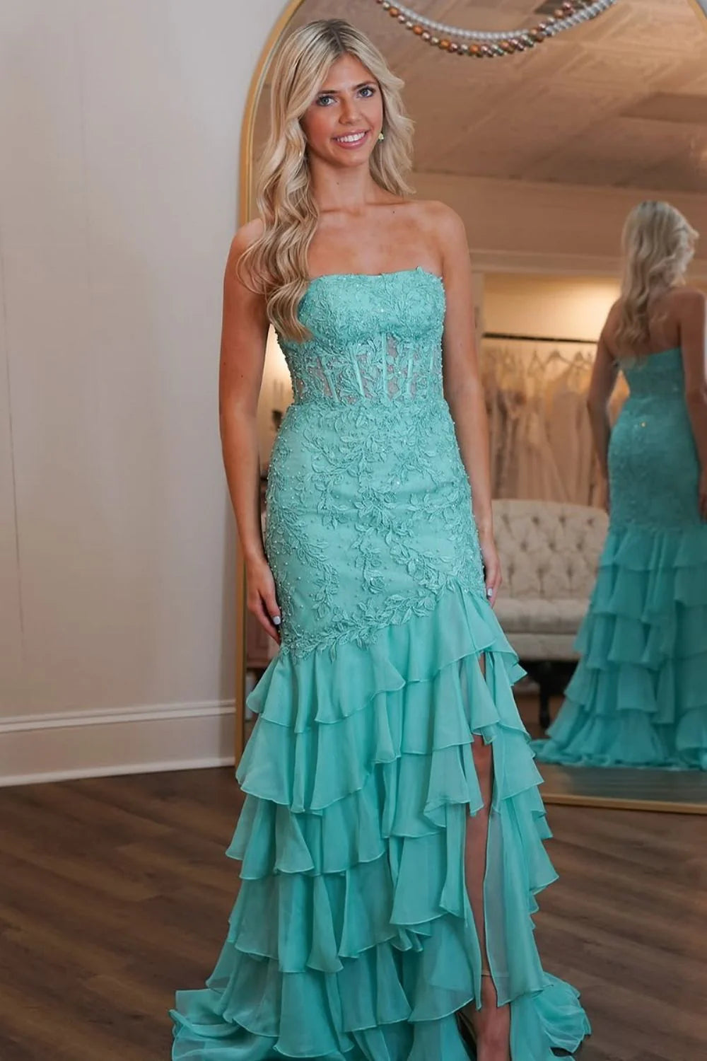 Mint Green Mermaid Strapless Lace Corset Prom Dress with Ruffle Skirt