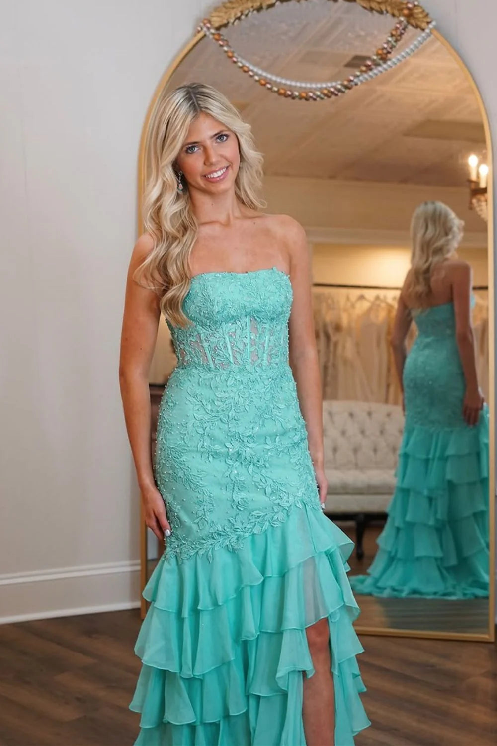 Mint Green Mermaid Strapless Lace Corset Prom Dress with Ruffle Skirt