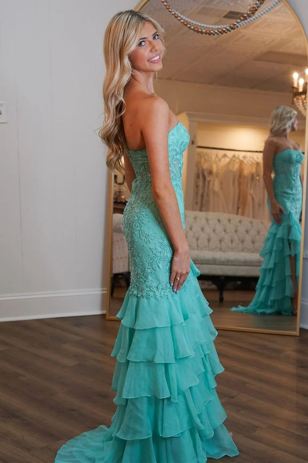 Mint Green Mermaid Strapless Lace Corset Prom Dress with Ruffle Skirt