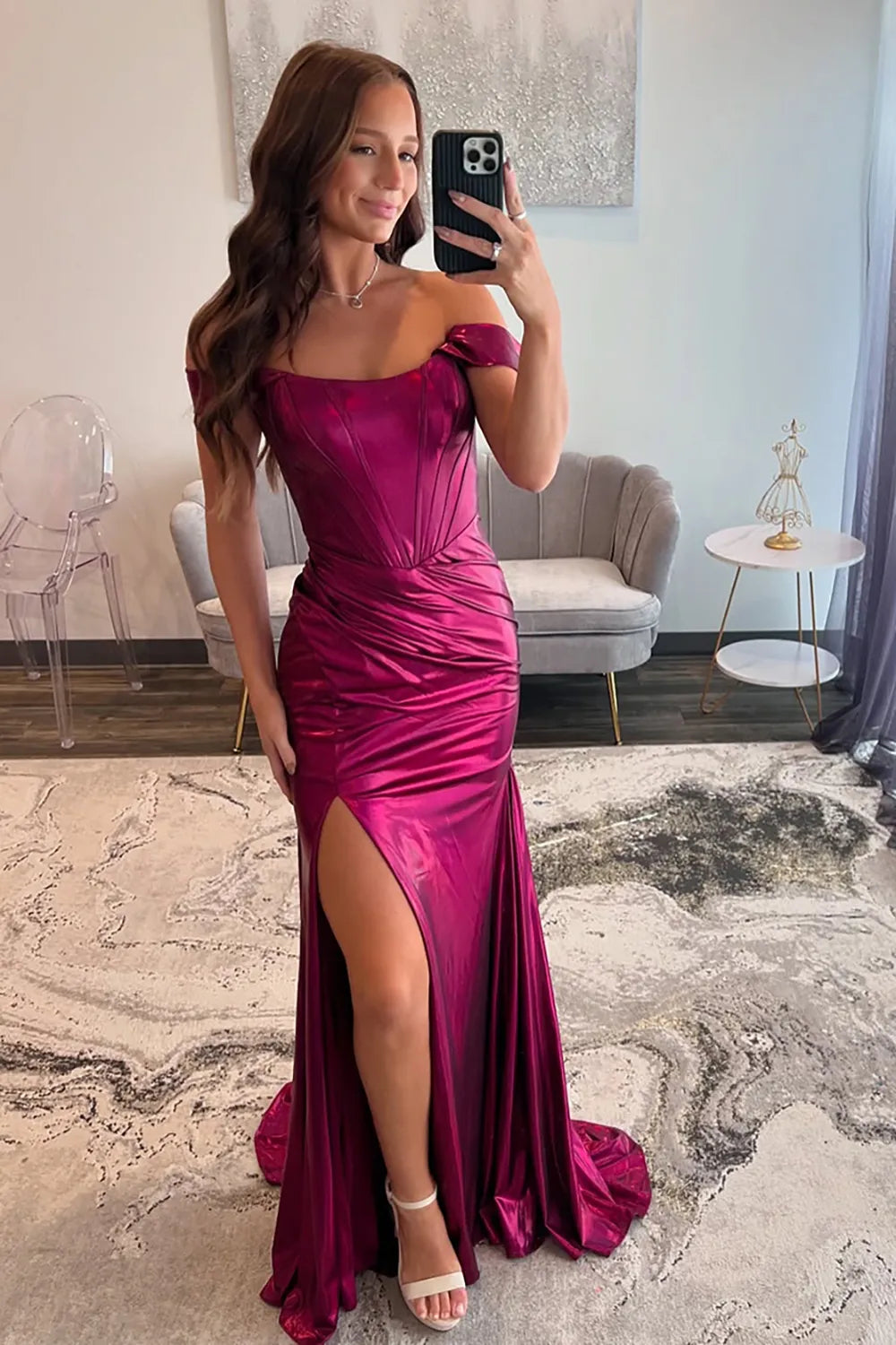 Mulberry Off The Shoulder Mermaid Metallic Prom Dress with Leg Slit