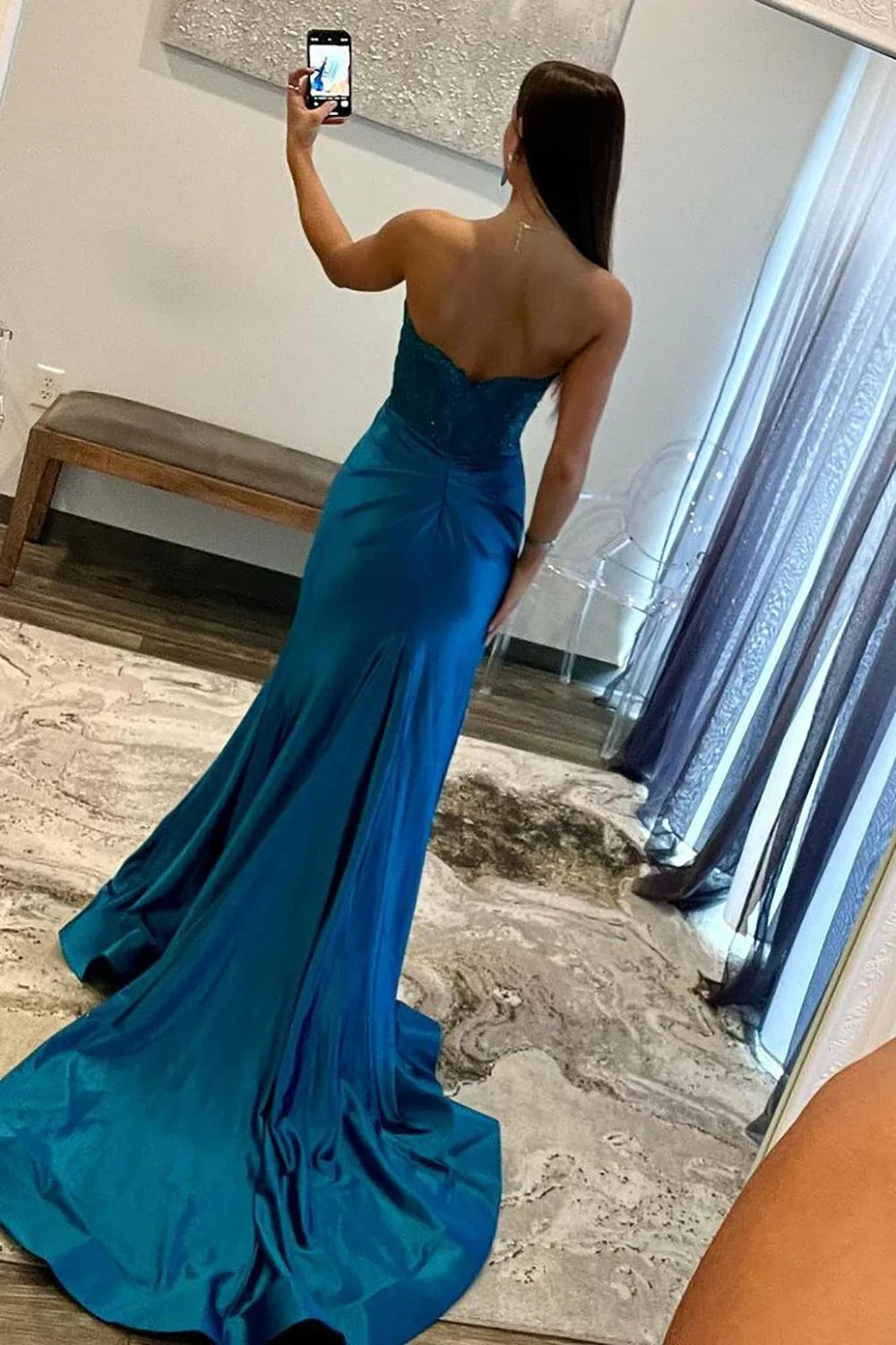 Navy Blue Sweetheart Lace Top Mermaid Satin Prom Dress With Split